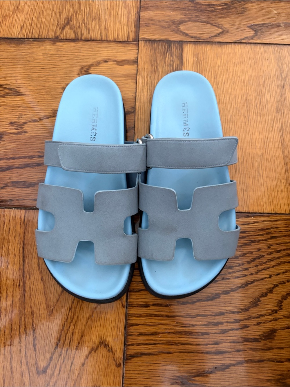 Hermes Light Blue and Gray Suede Slide Sandals
